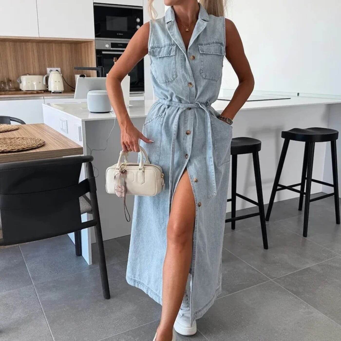 Jennifer™ – Robe longue en denim boutonnée au style tendance