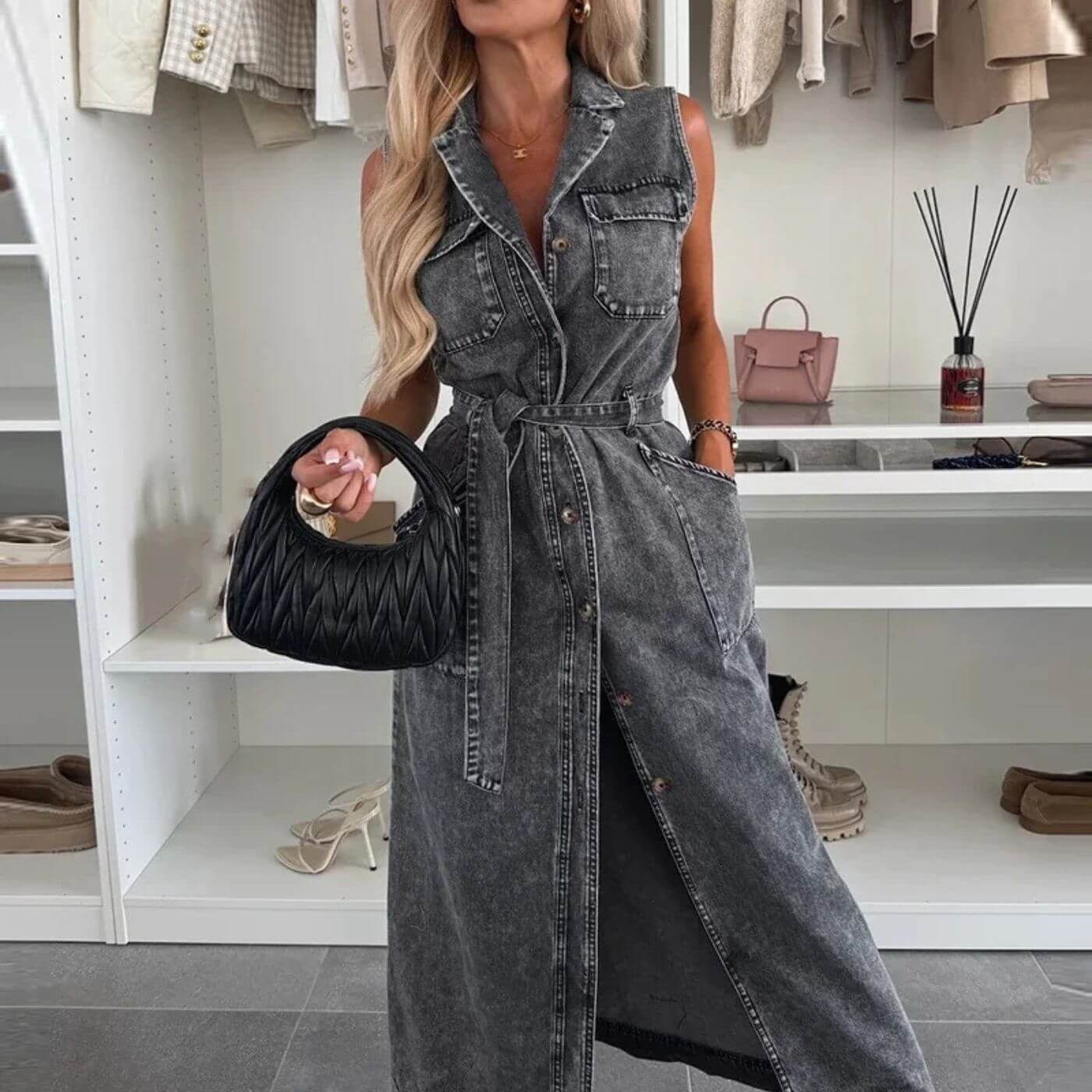 Jennifer™ – Robe longue en denim boutonnée au style tendance